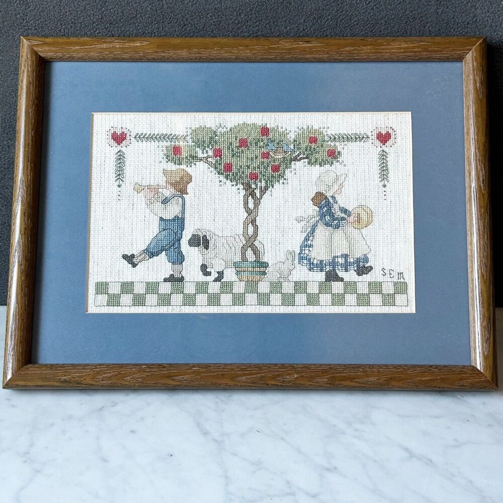 Vintage Framed Cross Stitch Folk Art Children Sheep Topiary Needlework Decor